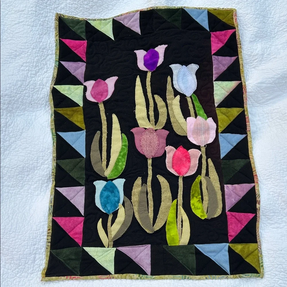 OOAK Handcrafted Wall Hanging Celestial Whimsigoth Applique Flowers Wool Batik